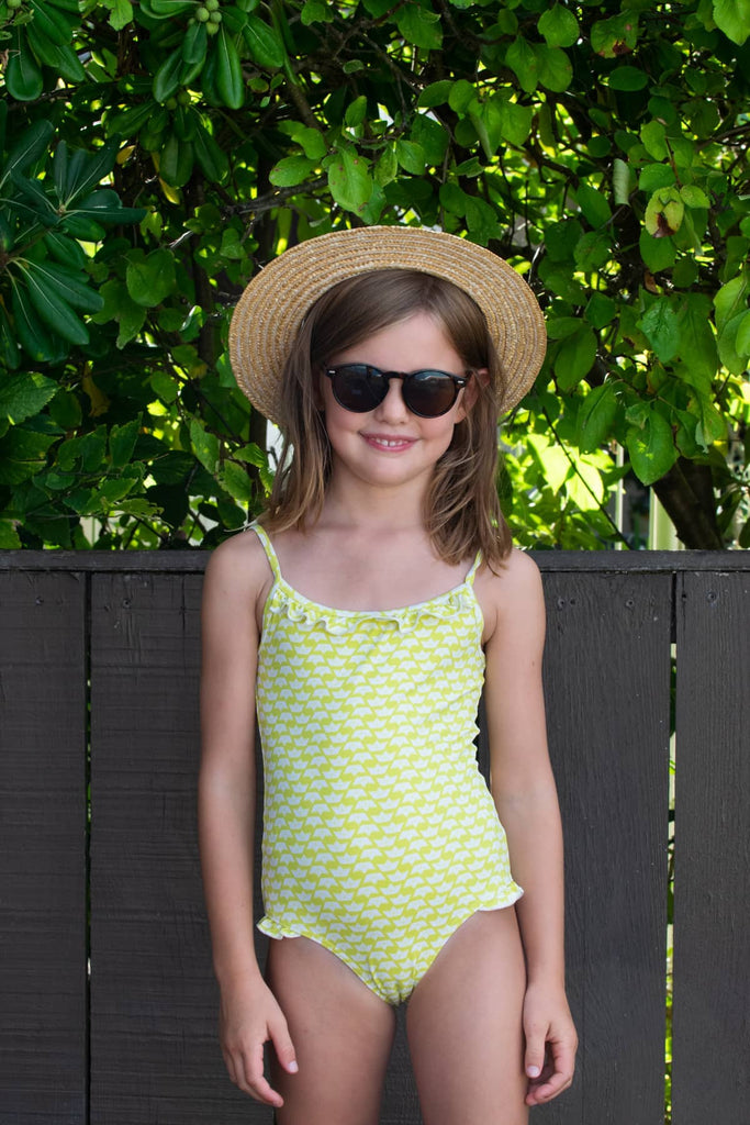 maillot de bain enfant fille anti-UV UPF50+ écoresponsable en tissu recyclé Starlette origami citron Les UltraViolettes