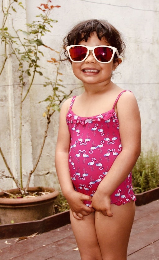 maillot de bain enfant fille anti-UV UPF50+ écoresponsable en tissu recyclé Starlette flamingos Les UltraViolettes